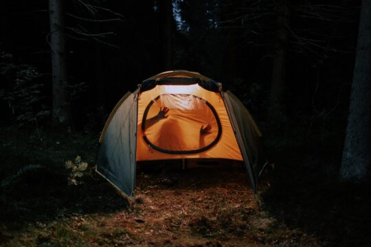 тени рук в палатке в лесу